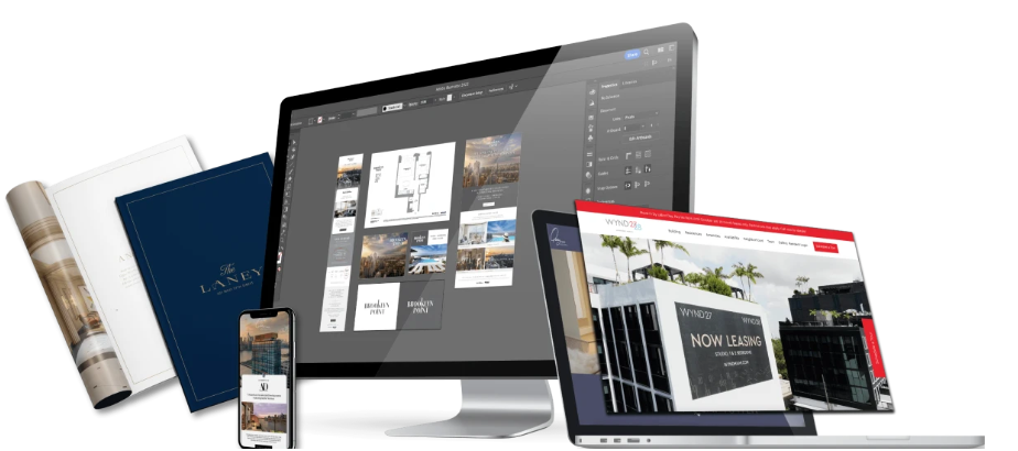 serhant branded marketing materials on a laptop phone and print magazine brochure